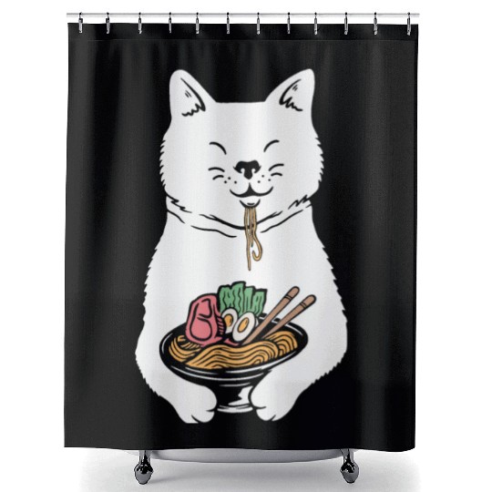 Cute Cat Eating Ramen Shower Curtains