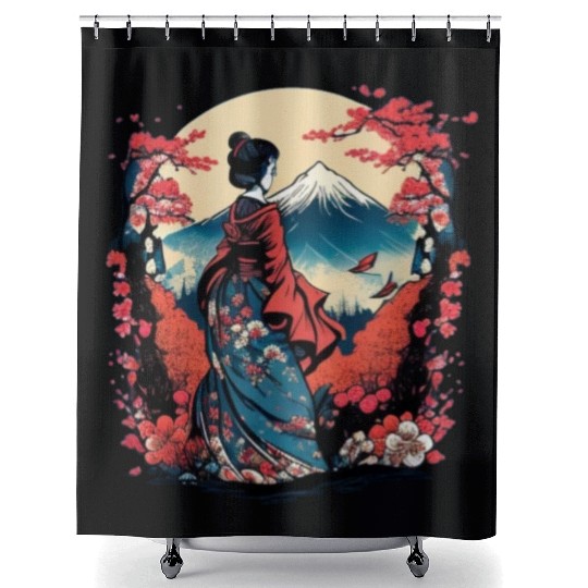 Mount Fuji Fujisan Fujiyama Floral Geisha Shower Curtains