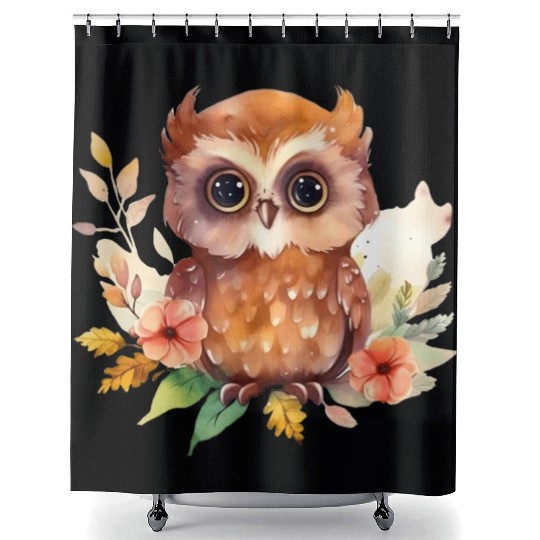 Brown Owl Forest Animal Watercolor Floral Shower Curtains