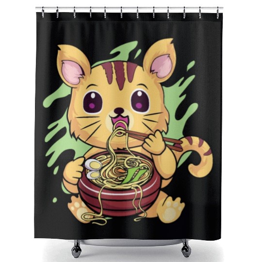 Kawaii Cat Eating Ramen Shower Curtains