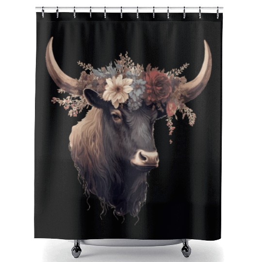 Cute Yak Flower Crown Yaks Floral Farm Animal Pet Shower Curtains