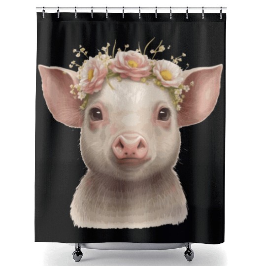 Cute Piglet Flower Crown Baby Pig Floral Farm Anim Shower Curtains