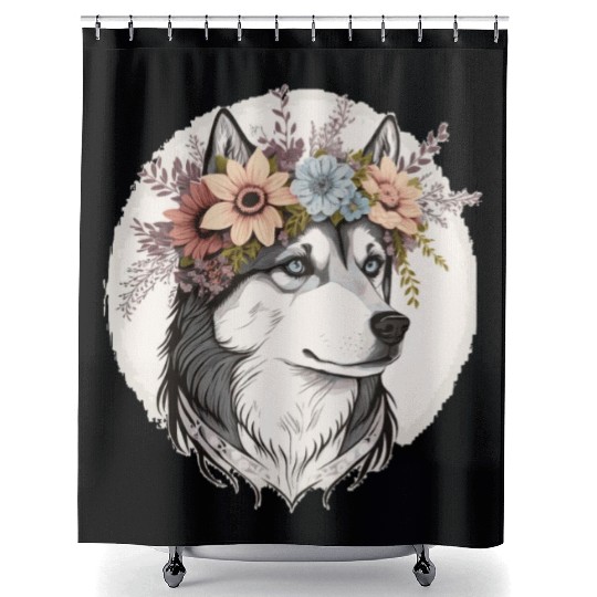Cute Siberian Husky Flower Crown Pet Dog Breed Flo Shower Curtains