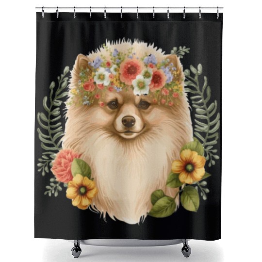 Cute Pomeranian Pom Flower Crown Pet Dog Breed Flo Shower Curtains