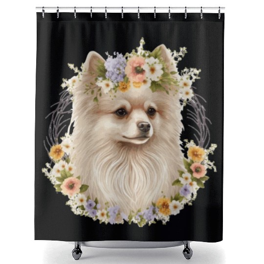 Cute Pomeranian Pom Flower Crown Pet Dog Breed Flo Shower Curtains