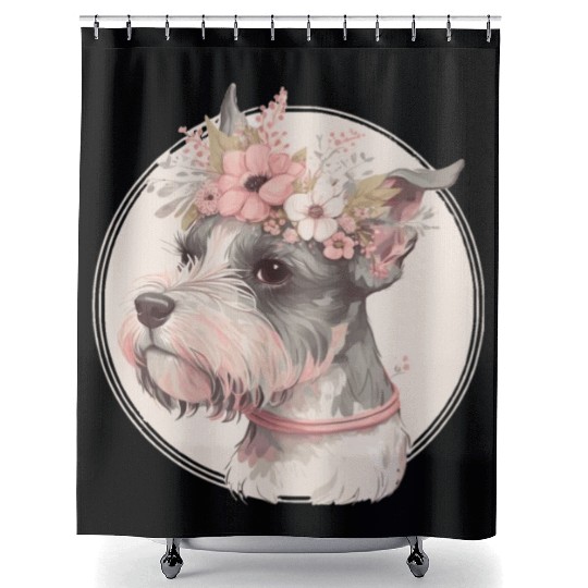 Cute Miniature Mini Schnauzer Flower Crown Pet Dog Shower Curtains