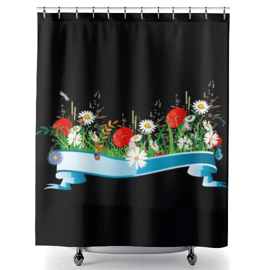 colorful spring meadow with flowers and insects Shower Curtains