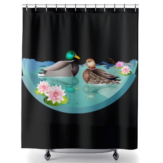 Duck couple in a duck pond with water lilies Shower Curtains