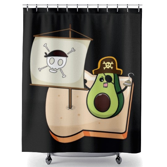 Funny avocado pirate sailing on a toast bread Shower Curtains