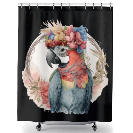 Colorful Parrot Watercolor Macaw Bird Flower Crown Shower Curtains