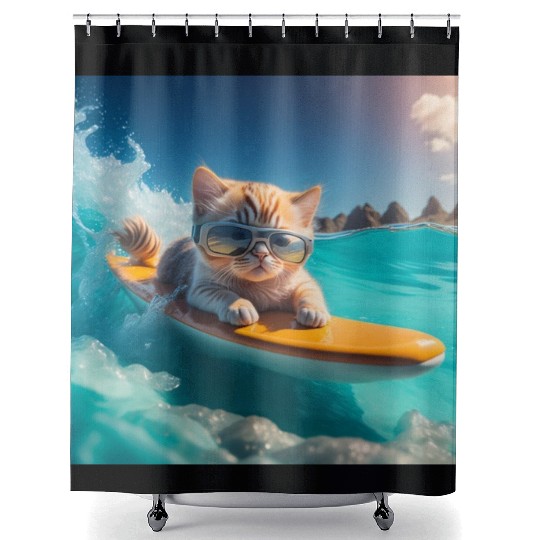 A cute cat surfing in the blue water Shower Curtains