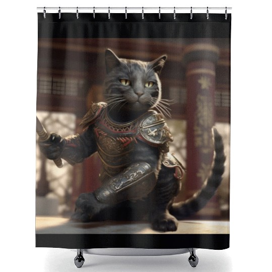 Cat warrior in ornate armor Shower Curtains