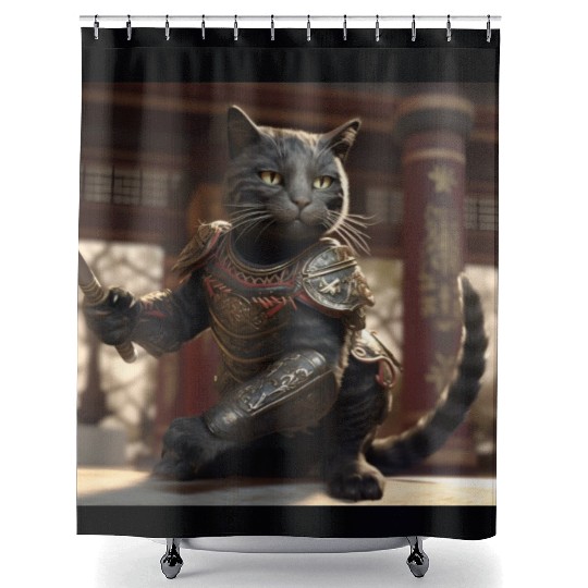 Cat warrior in ornate armor Shower Curtains
