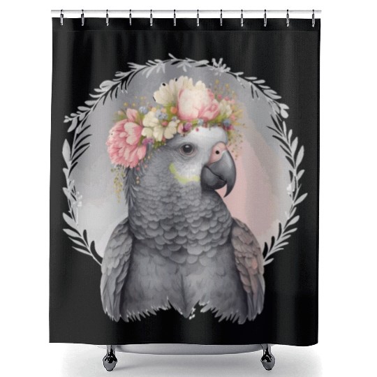 Cute African Gray Parrot Bird Flower Crown Pet Bir Shower Curtains