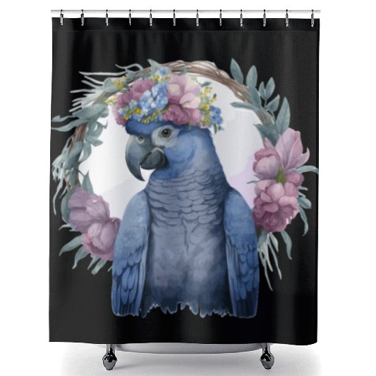 Watercolor Hyacinth Macaw Parrot Bird Flower Crown Shower Curtains