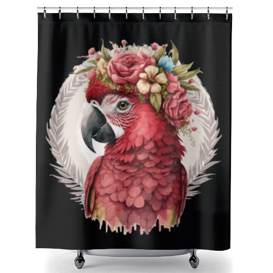 Scarlet Macaw Parrot Watercolor Bird Flower Crown Shower Curtains
