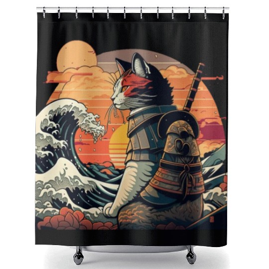Retro samurai cat The Great Wave Hokusai Shower Curtains