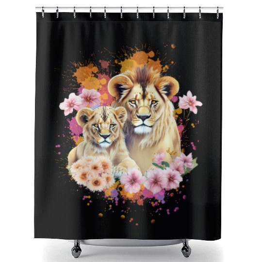 Lion Mom & Son Cubs with Flower Watercolor Shower Curtains