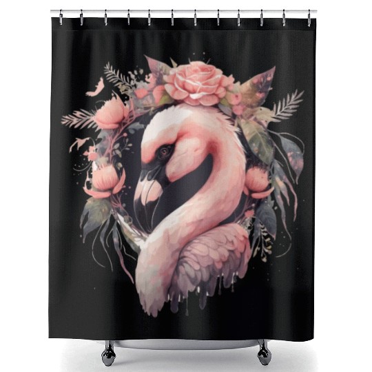 Cute Pink Flamingo Tropical Bird Flower Crown Flor Shower Curtains