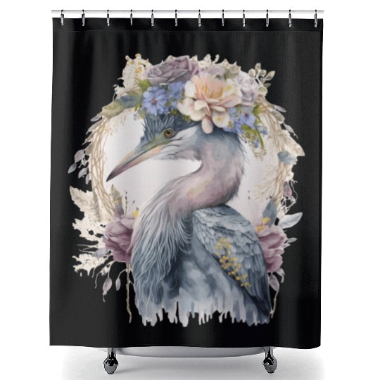 Watercolor Heron Freshwater Bird Watching Flower C Shower Curtains