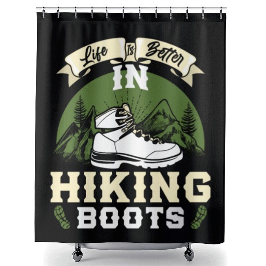Life is better in Boots Hiking Mountain Fan Shower Curtains