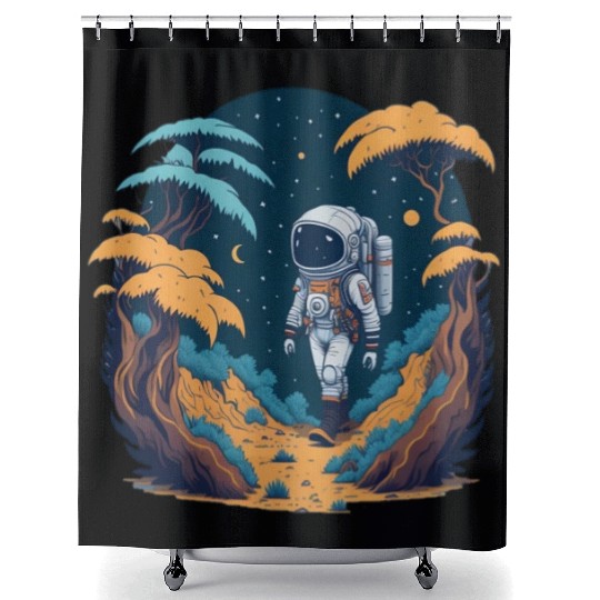 Astronaut walking in the jungle Shower Curtains