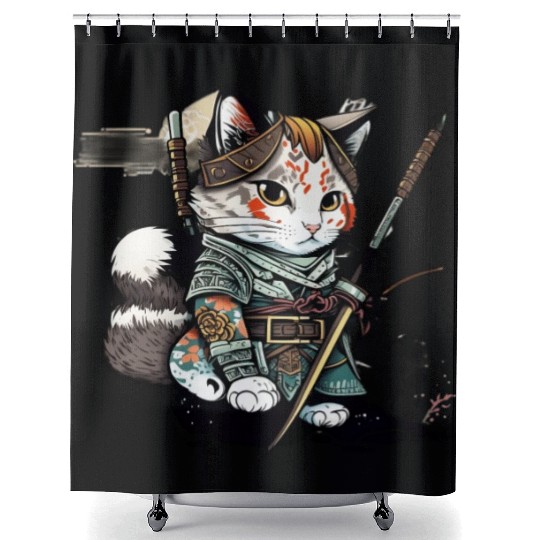 The Fearless Samurai Cat: A Sword's Master Shower Curtains