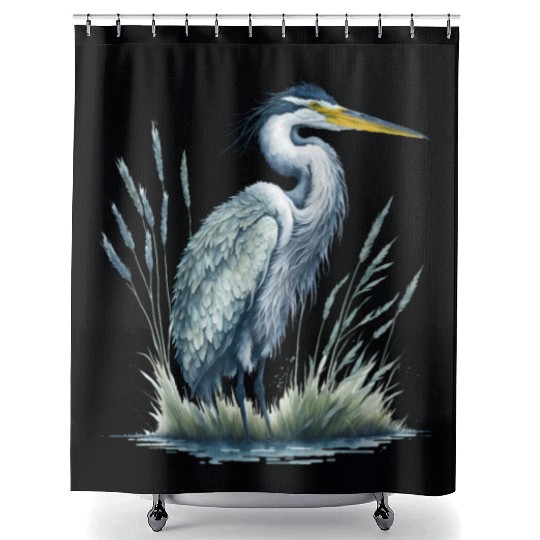 Watercolor Heron in Nature Shower Curtains