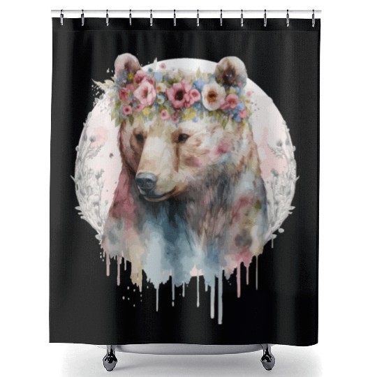 Artistic Watercolor Grizzly Bear Flower Crown Boho Shower Curtains