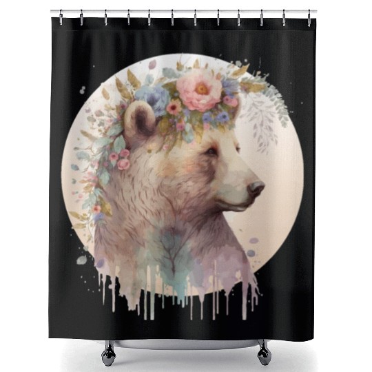 Brown Bear Watercolor Grizzly Bear Flower Crown Wi Shower Curtains
