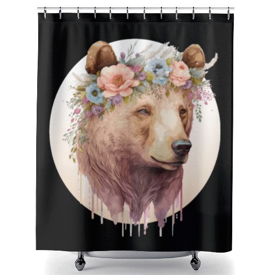 Watercolor Brown Bear Grizzly Flower Crown Wild An Shower Curtains