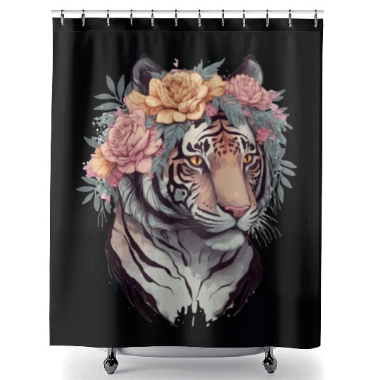 Floral Watercolor Tiger Flower Crown Tiger Lover Shower Curtains