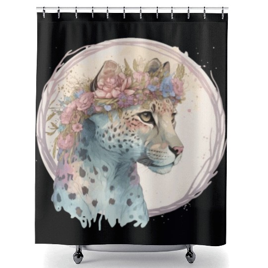 Cute Cheetah Flower Crown Floral Watercolor Animal Shower Curtains