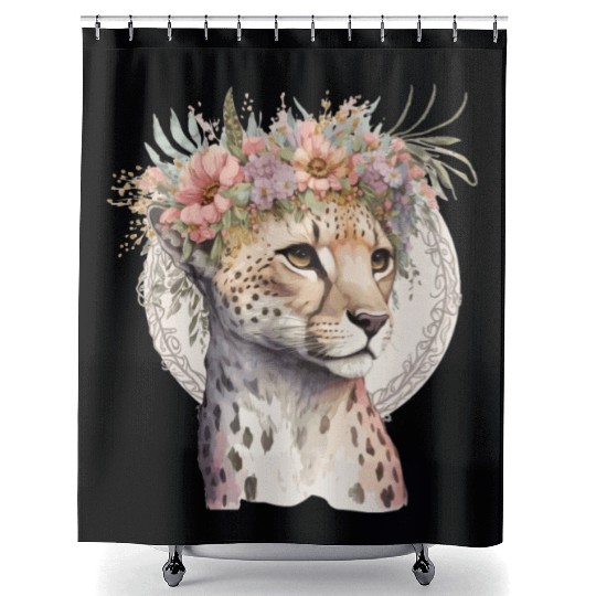 Cute Cheetah Flower Crown Boho Aesthetic Shower Curtains