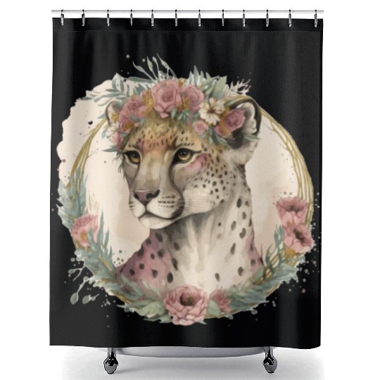 Cute Watercolor Cheetah Flower Crown Safari Animal Shower Curtains
