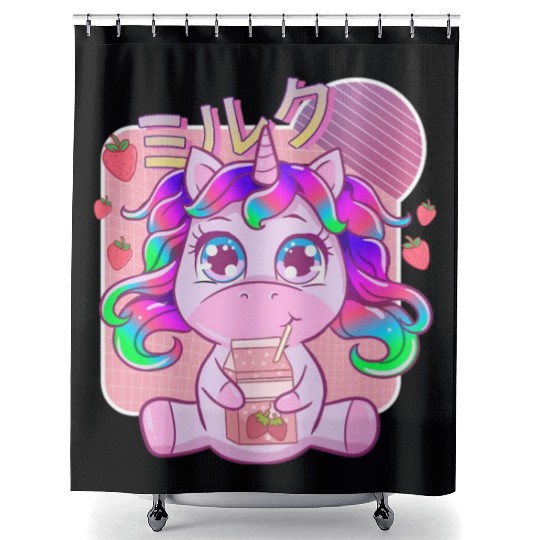 Funny Kawaii Unicorn Strawberry Milk Shake Shower Curtains