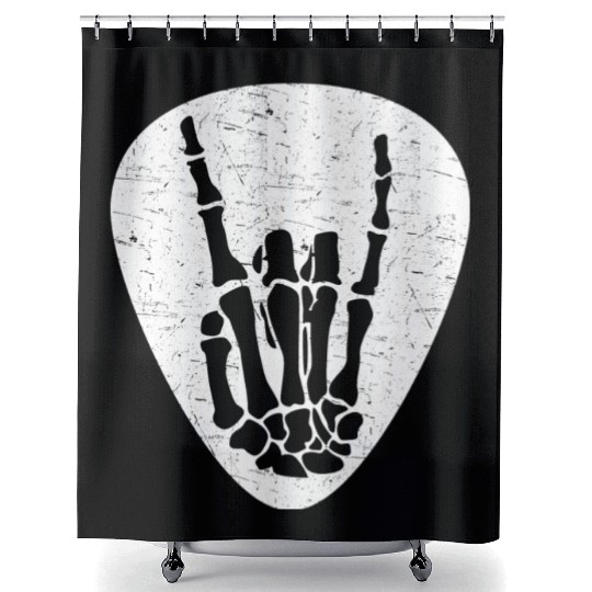 Cool Rock And Roll Skeleton Hand On A Guitar Pick Shower Curtains