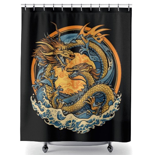 Vintage Japanese Dragon Sun Tattoo Design 1 Shower Curtains