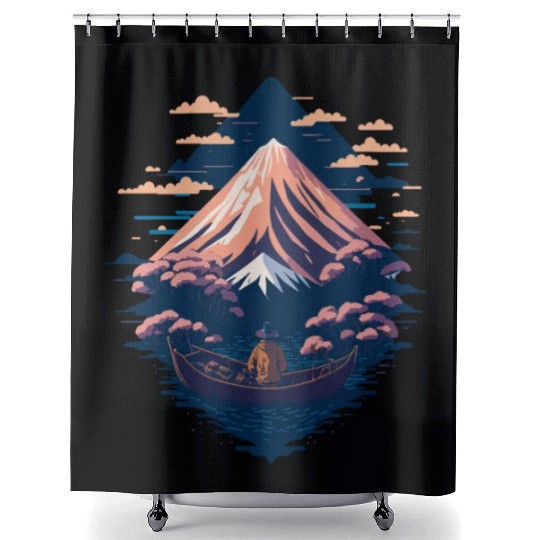 Serene Mount Fuji Sunset Peaceful River Scenery Shower Curtains