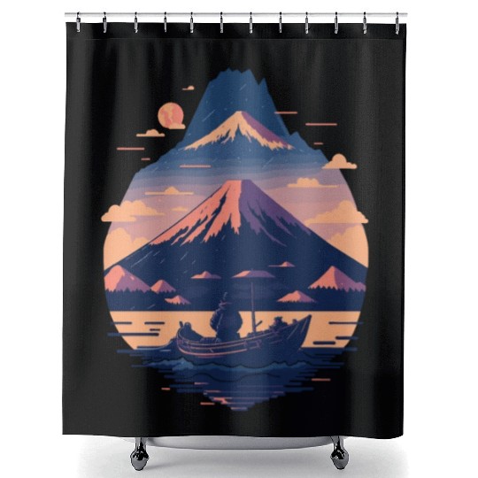 Serene Mount Fuji Sunset Peaceful River Scenery Shower Curtains