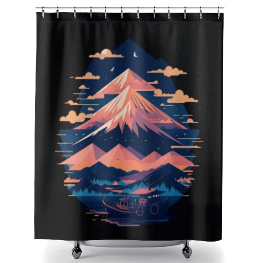 Serene Mount Fuji Sunset Peaceful River Scenery Shower Curtains