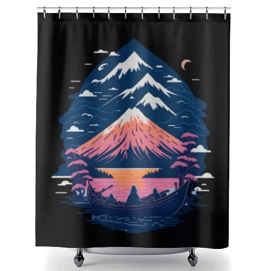 Serene Mount Fuji Sunset Peaceful River Scenery Shower Curtains