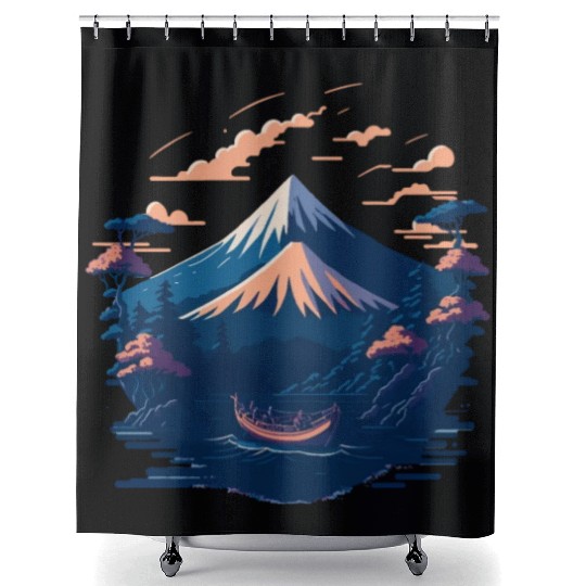 Serene Mount Fuji Sunset Peaceful River Scenery Shower Curtains