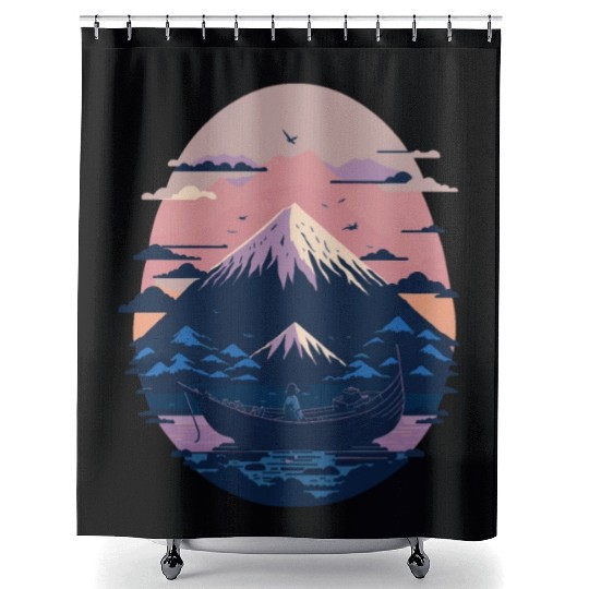 Serene Mount Fuji Sunset Peaceful River Scenery Shower Curtains