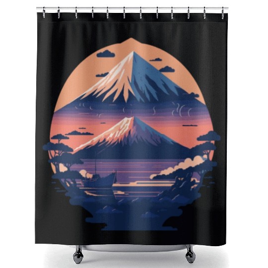 Serene Mount Fuji Sunset Peaceful River Scenery Shower Curtains
