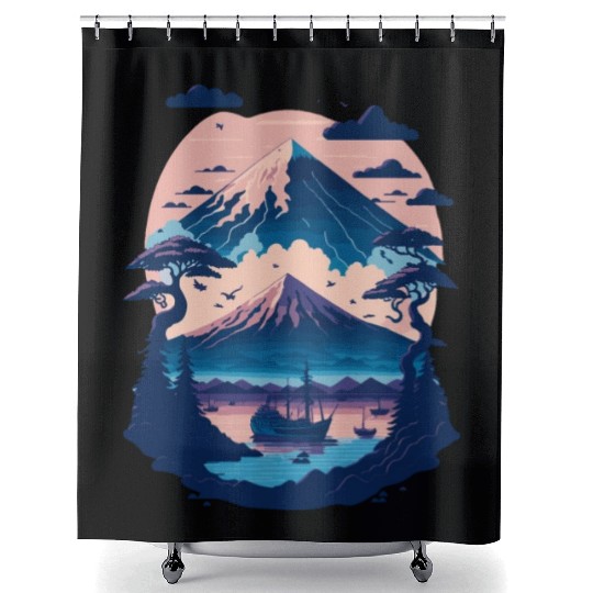 Serene Mount Fuji Sunset Peaceful River Scenery Shower Curtains