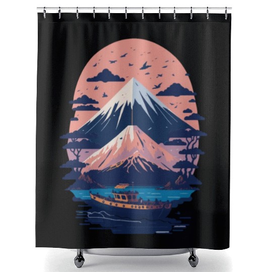 Serene Mount Fuji Sunset Peaceful River Scenery Shower Curtains