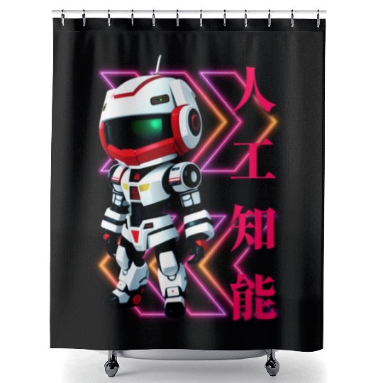 Chibi Mecha: A Cute Cyberpunk Design 4 Shower Curtains