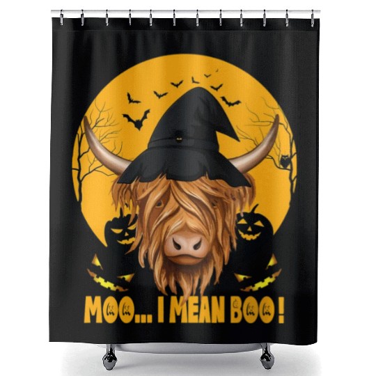 Funny Halloween Farmer Ghost Cow Highland Cow Shower Curtains