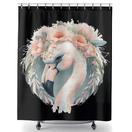 Cute White Flamingo Exotic Bird Flower Crown Tropi Shower Curtains